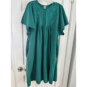 Naqui Cotton Caftan Dress Womens 1X Teal Embroidered Boho Midi Pockets Mexico